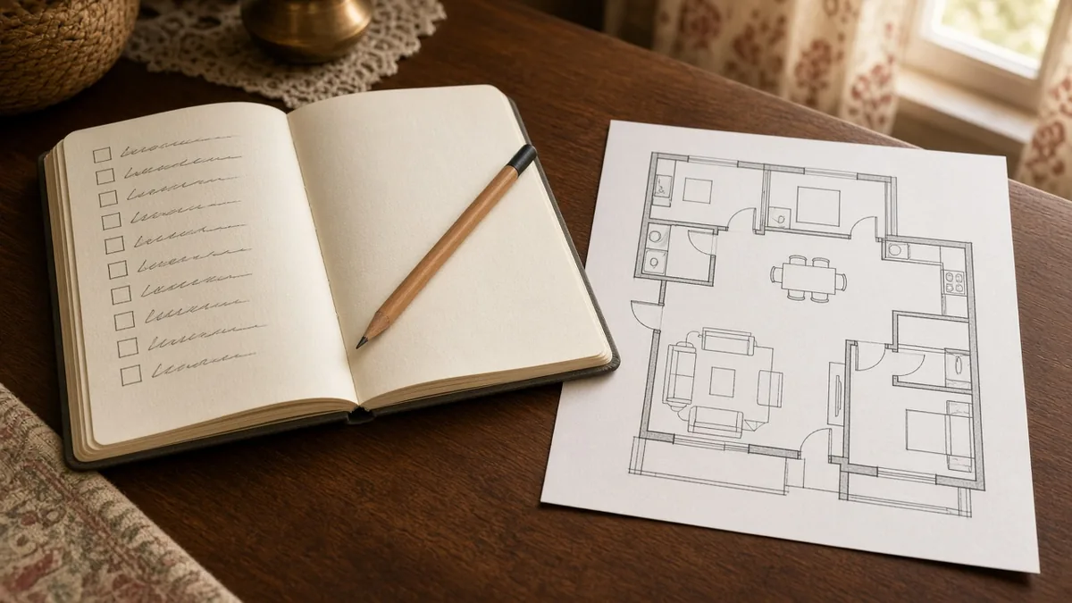Open checklist notebook and a floor plan on a wooden table