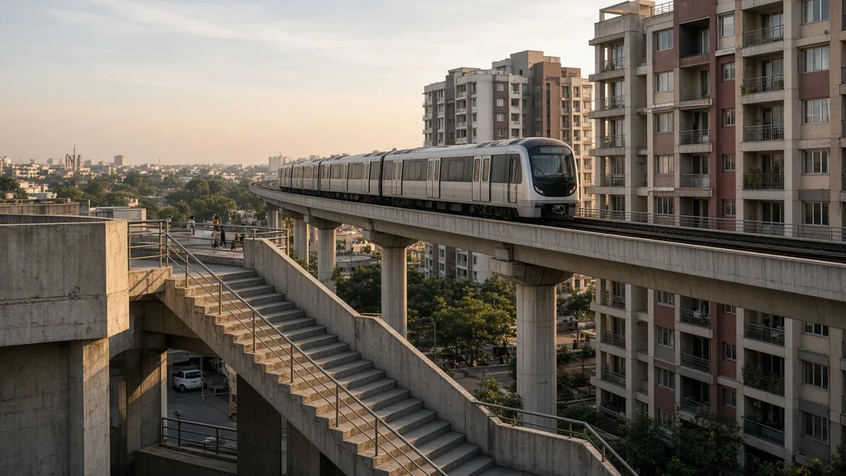 Metro train on an elevated line beside apartment buildings and station stairs