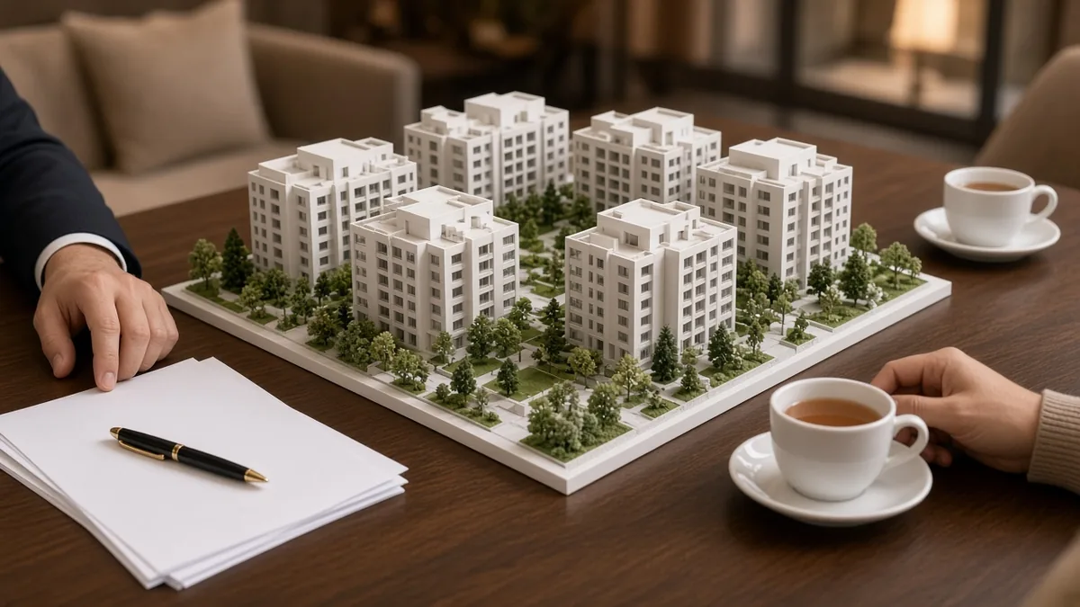 Sales office table with a scale model of an apartment complex