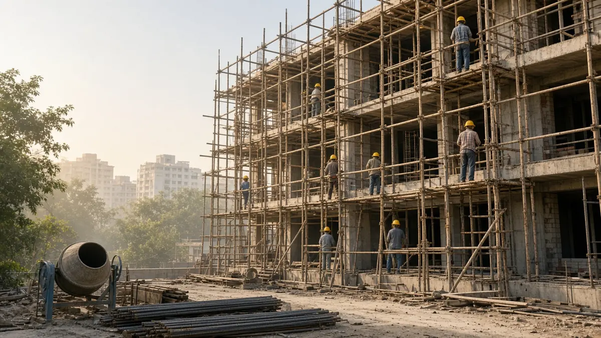 Workers on scaffolding at an under-construction apartment block