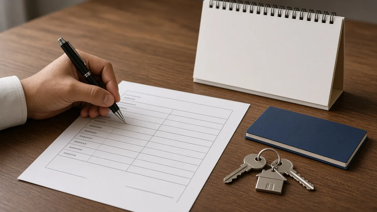 Hand signing a payment schedule beside a desk calendar and house keys