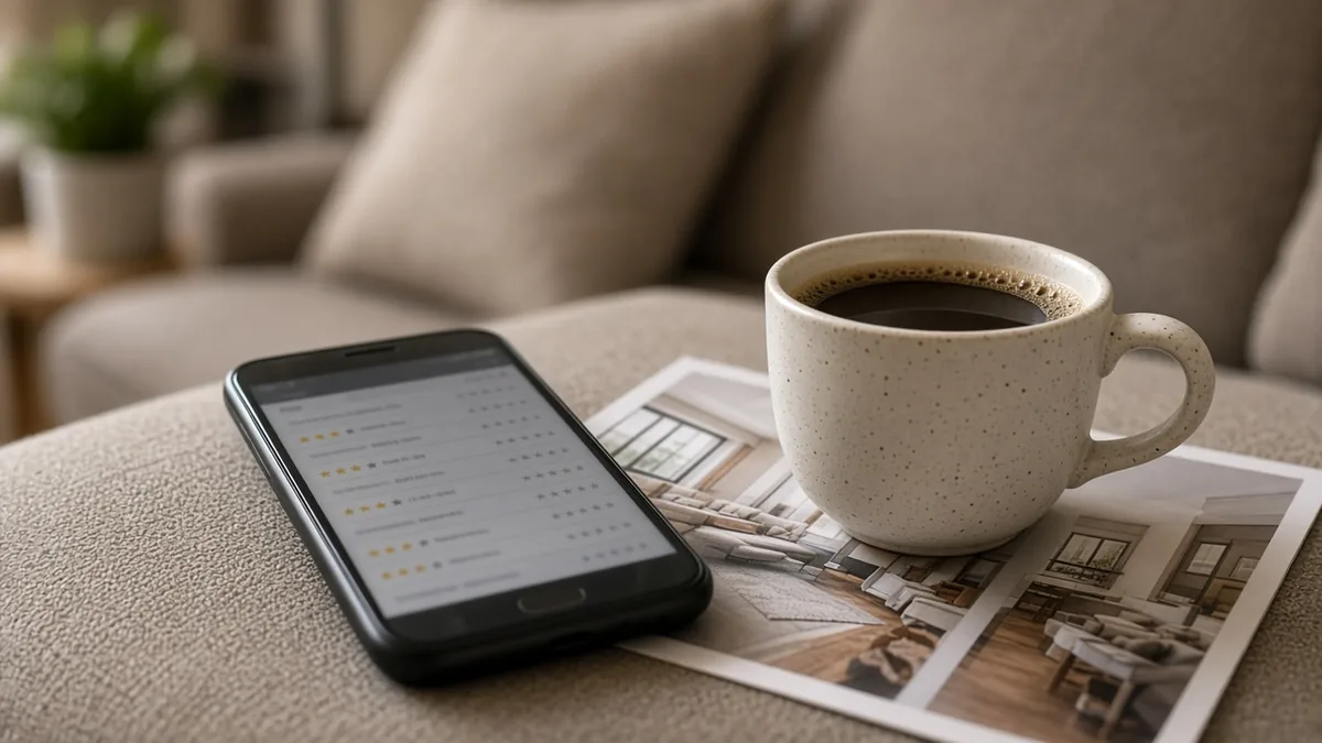 Smartphone showing star ratings beside a coffee cup and a brochure