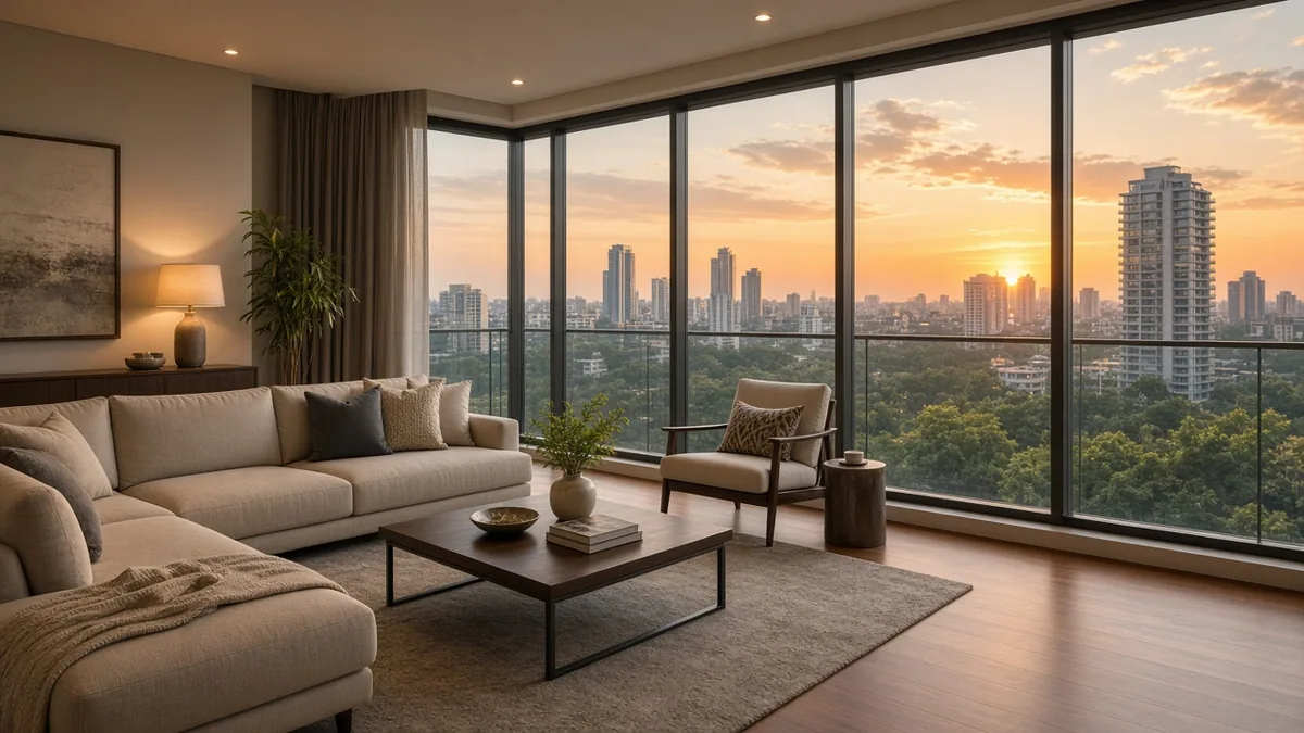 Spacious high-floor living room with a view over the Bengaluru skyline
