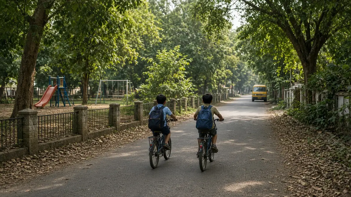 Children cycling past a park on a leafy residential lane