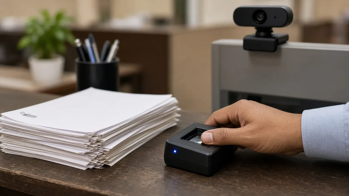 Hand on a biometric fingerprint scanner next to registration papers