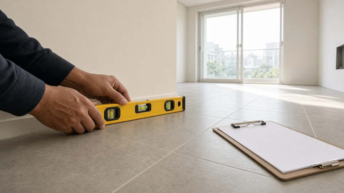 Buyer checking new floor tiles with a spirit level before possession