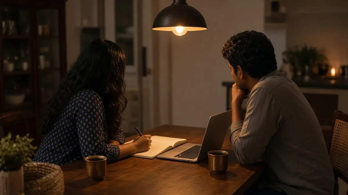 Couple talking over a notebook and laptop at a dining table in the evening