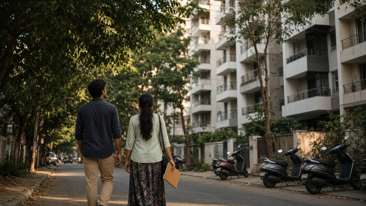 Couple walking down a tree-lined Bengaluru street looking at apartment buildings