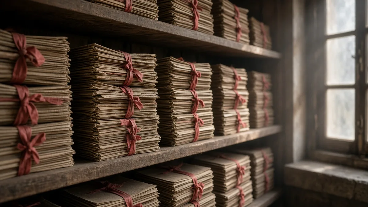 Shelves stacked with old tied bundles of land and property records