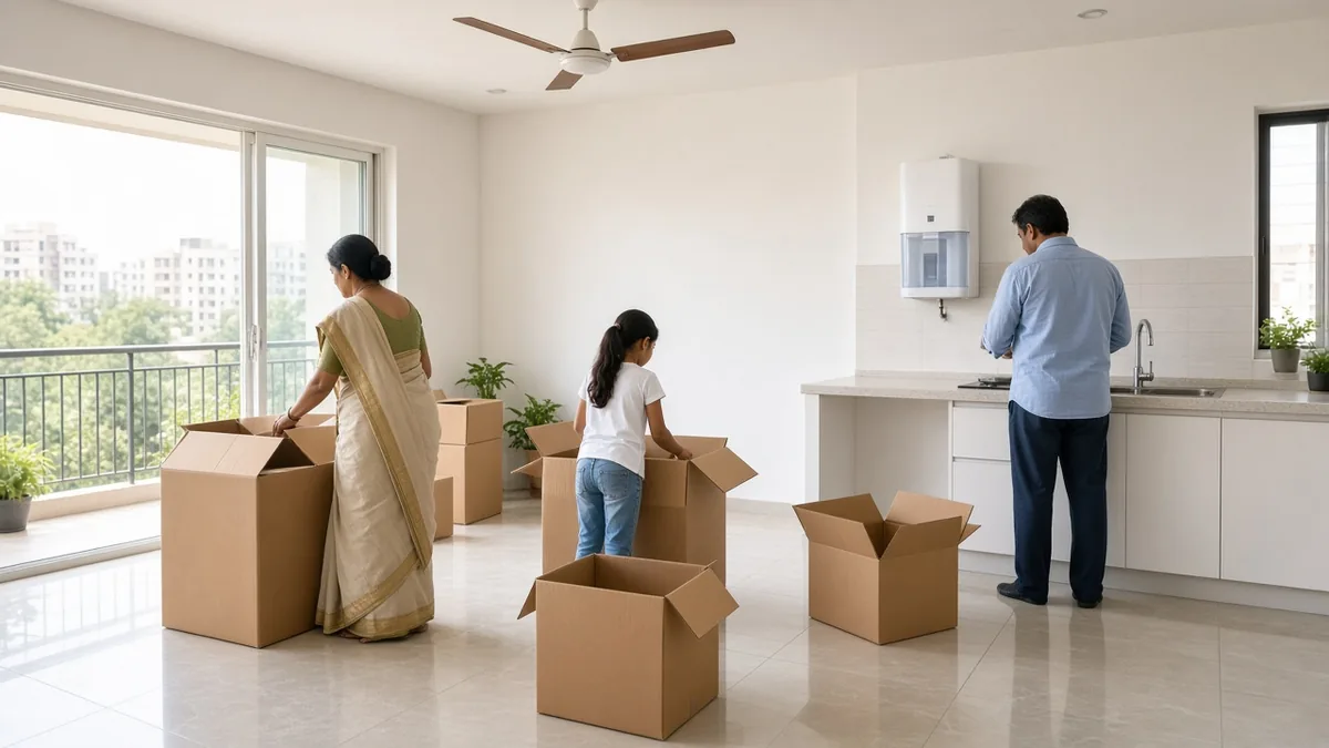 Family unpacking cardboard boxes in a newly bought Bengaluru flat