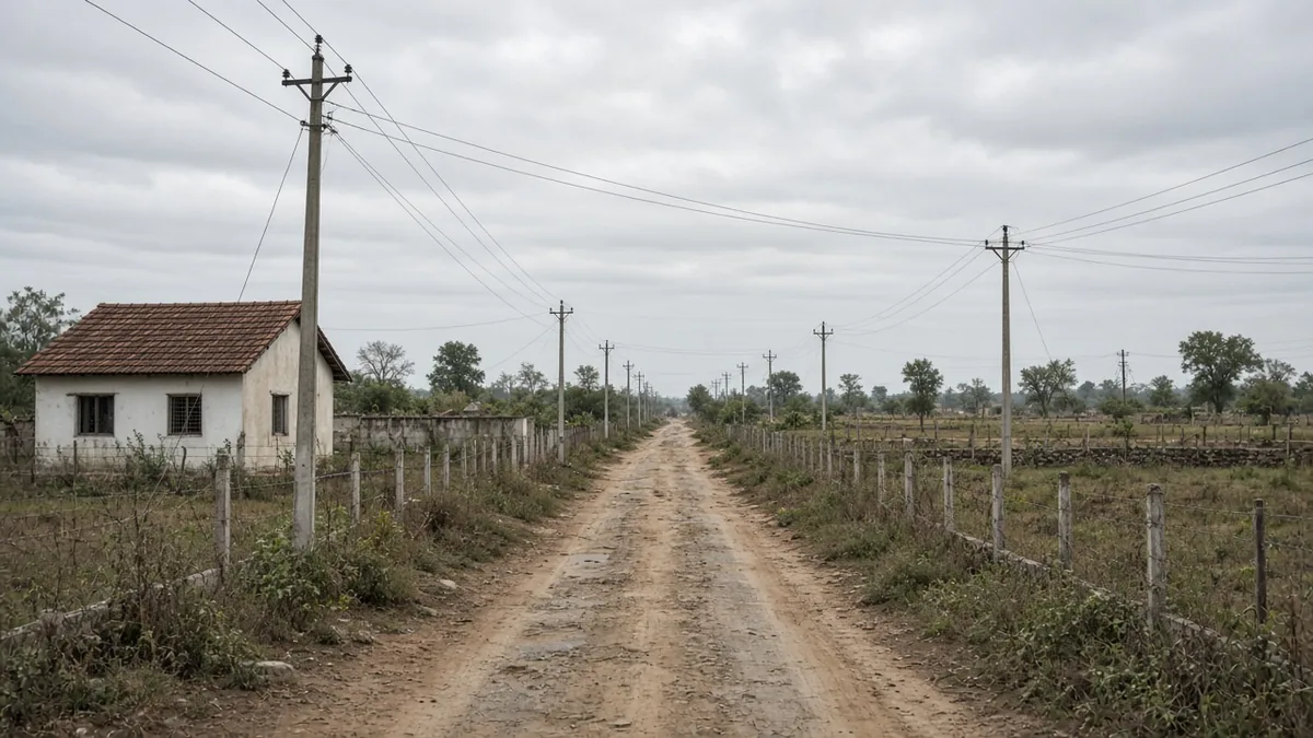 Dirt track through a revenue site with power lines and a small house