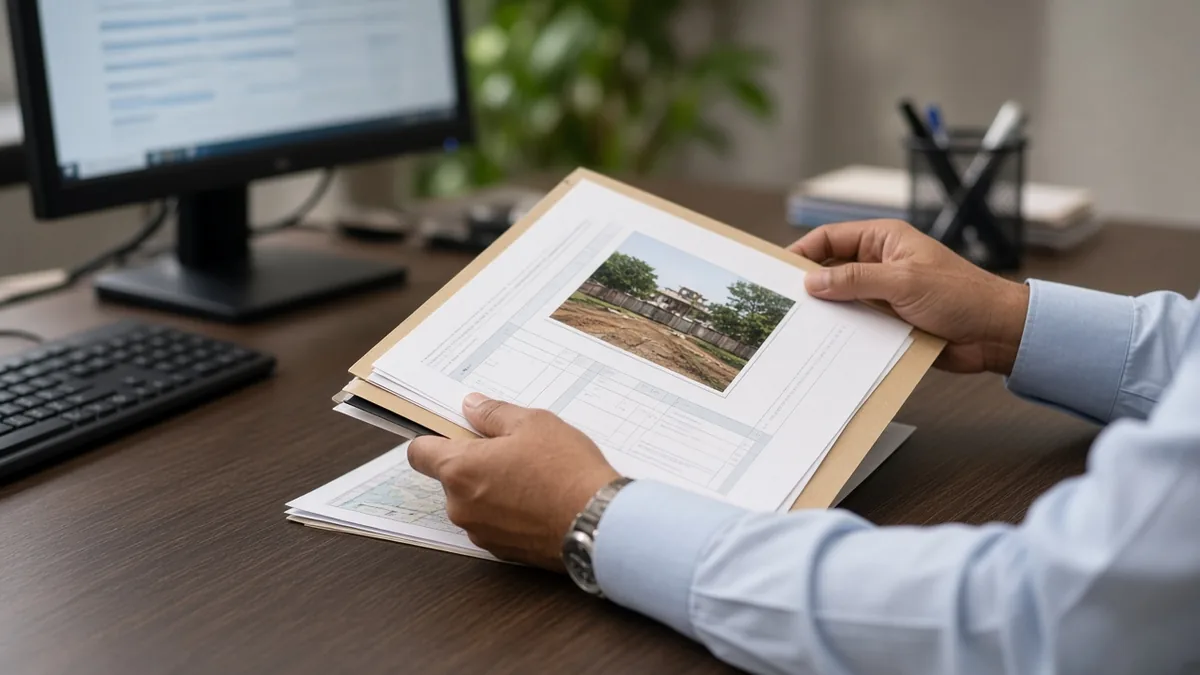 Loan documents being reviewed beside a model of an apartment project