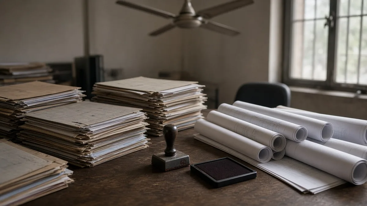Old records office desk with rolled maps, files and a rubber stamp