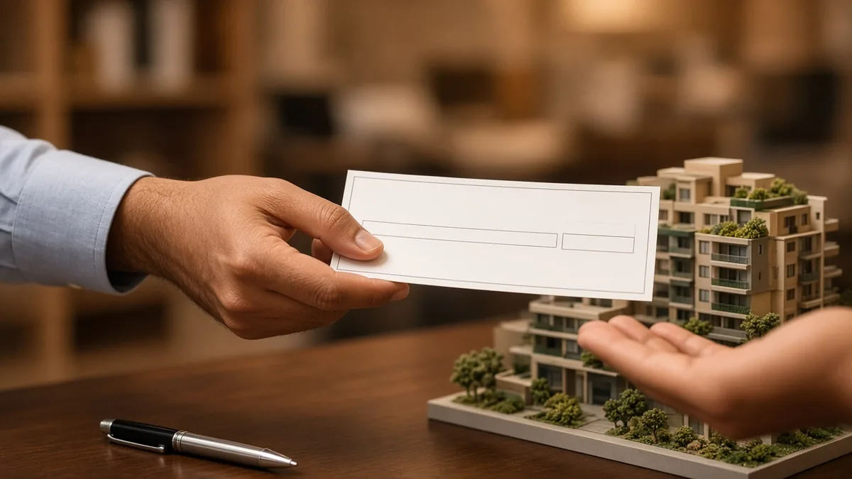 Hand passing a token cheque beside a model of an apartment building