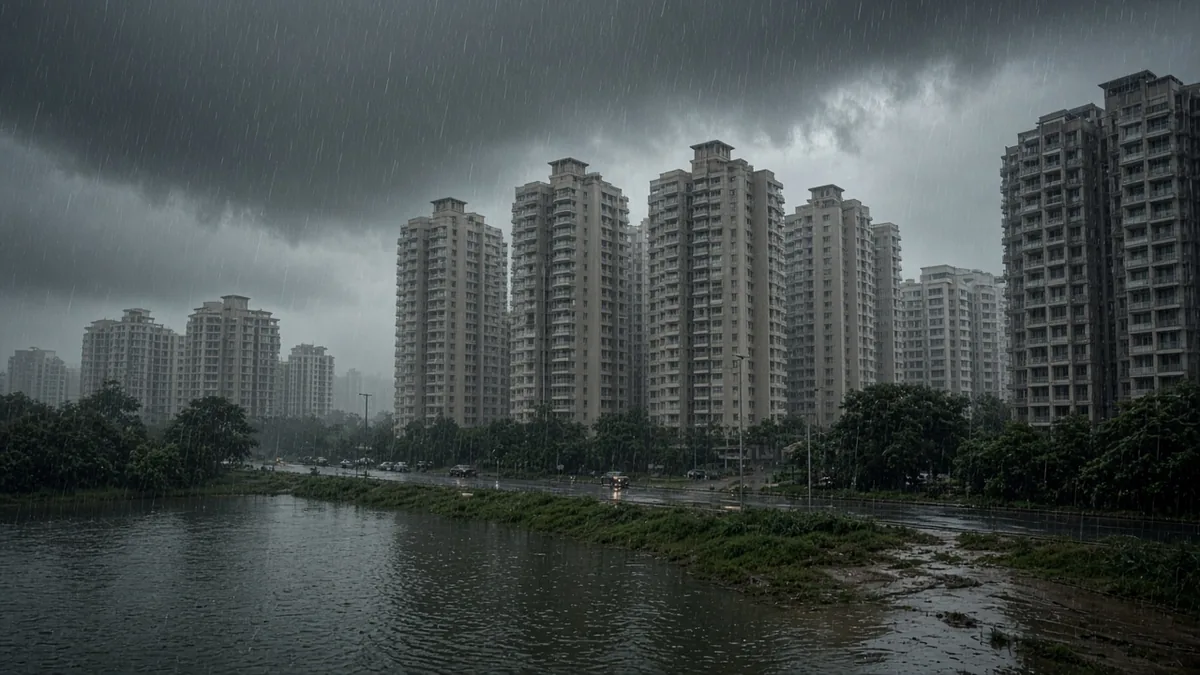 Heavy rain over a waterlogged Bengaluru street lined with apartment buildings