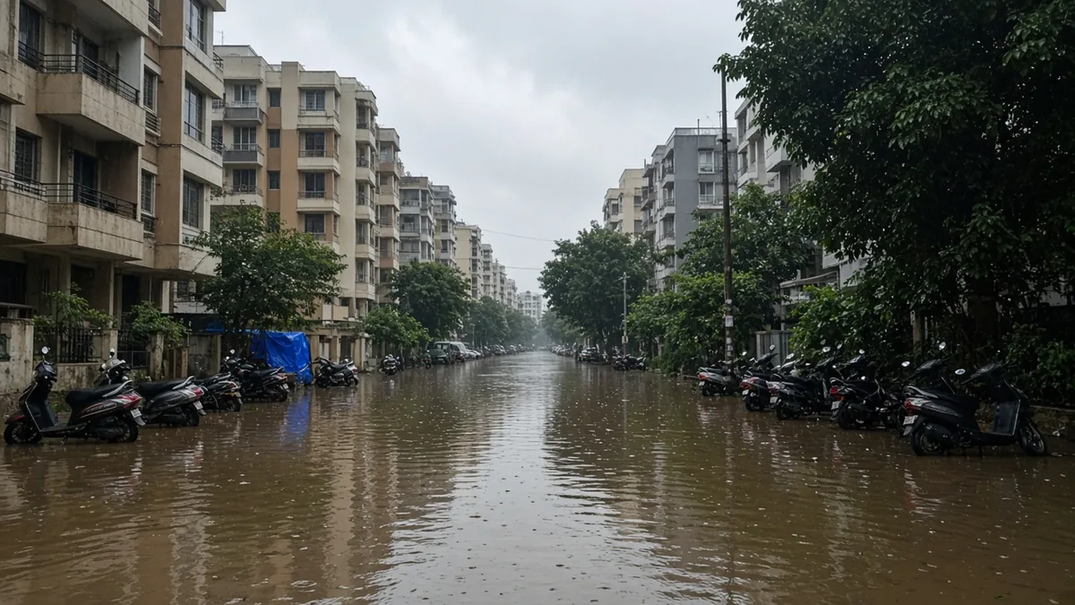 Flooded residential street in Bengaluru with water up to parked scooters