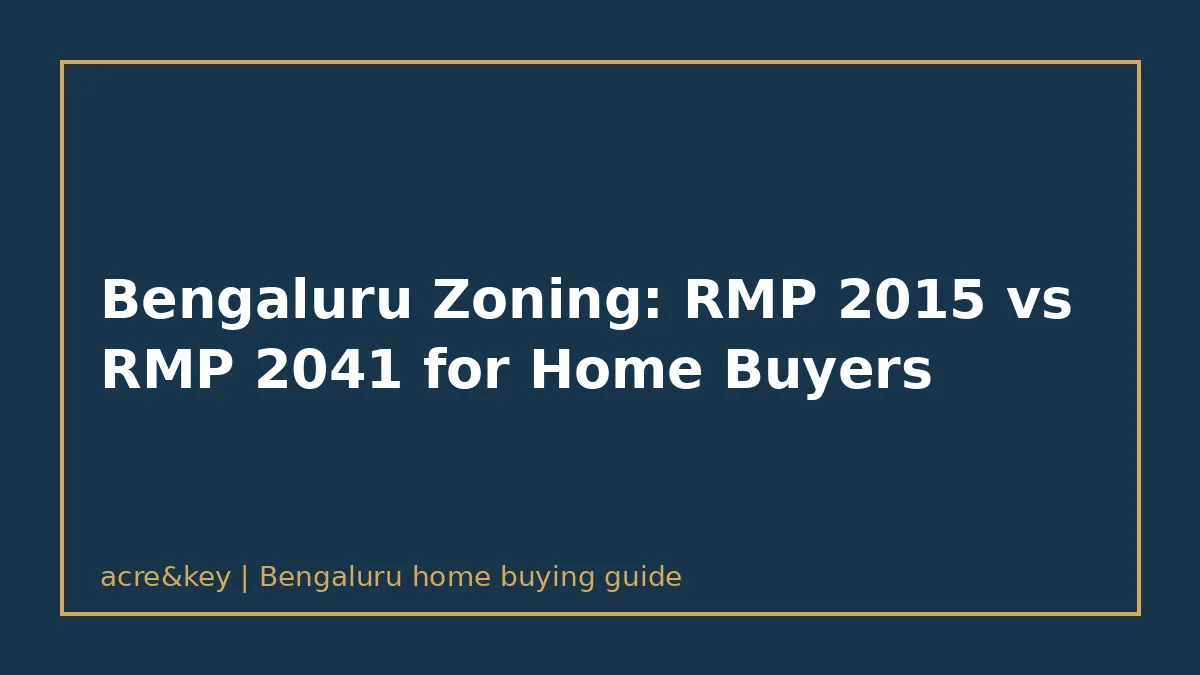 Illustrated text card reading: Bengaluru Zoning: RMP 2015 vs RMP 2041 for Home Buyers