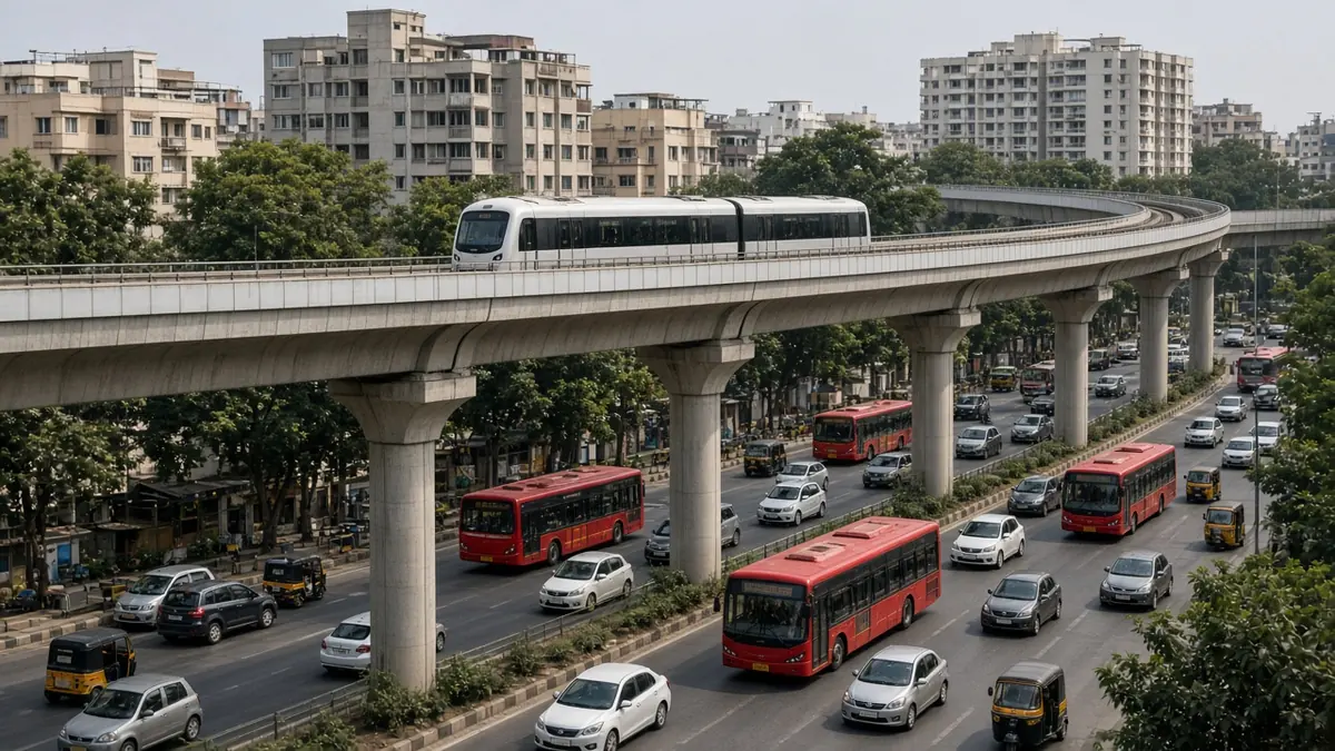 Elevated metro train above a busy road with red buses and cars