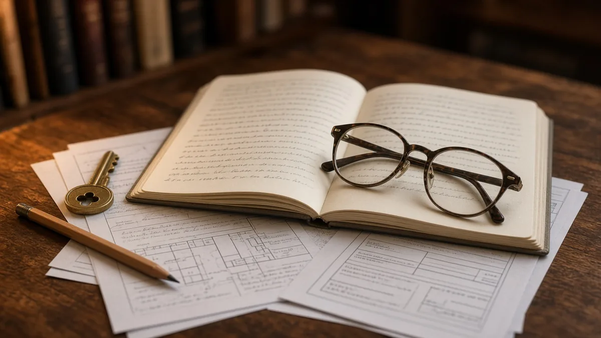 Property papers, keys and a notebook laid out on a desk
