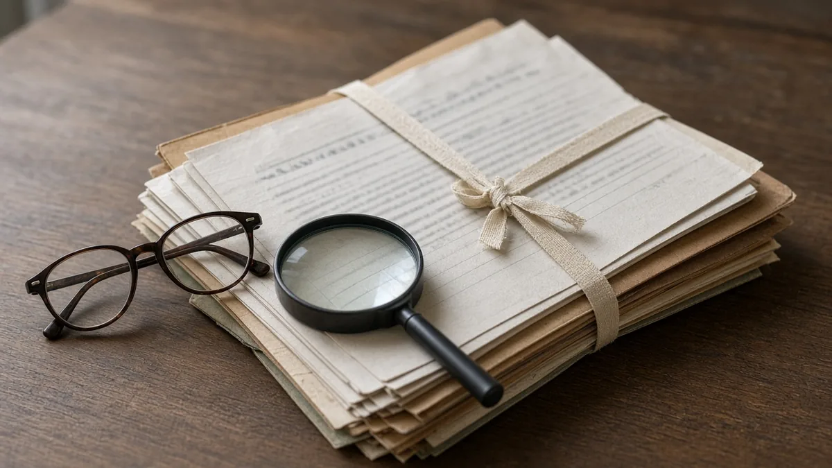 Bundle of property papers tied with string beside reading glasses and a magnifying glass