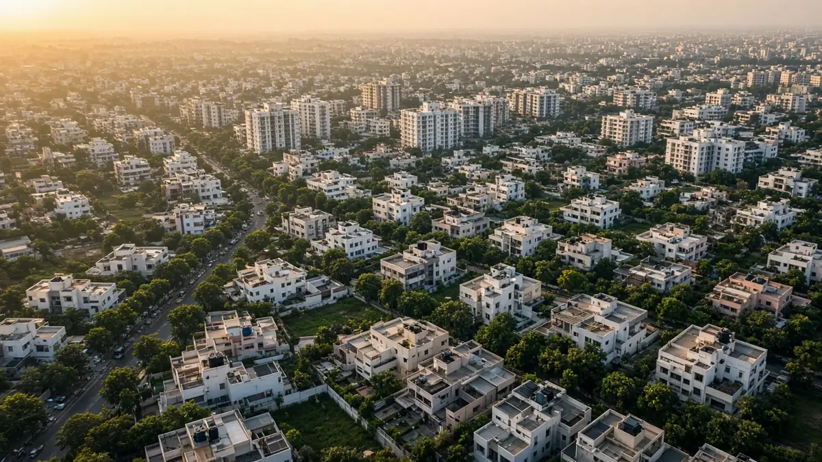 Aerial view of a planned layout of houses and apartments at dusk
