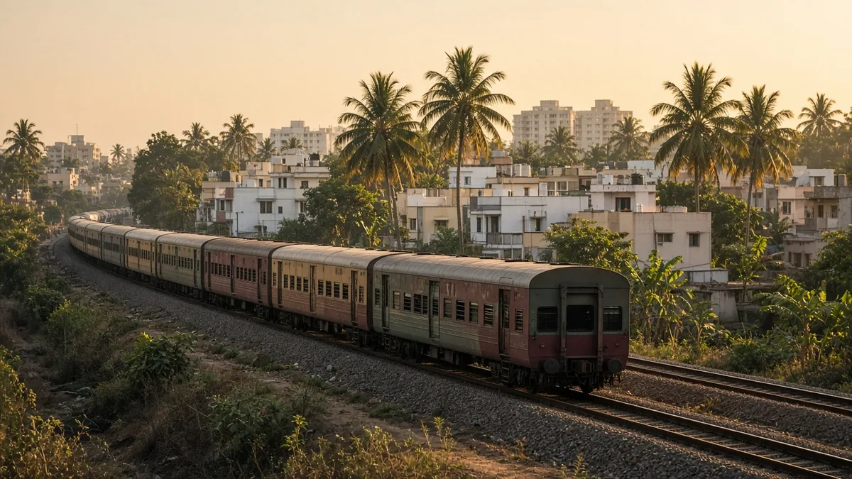 Passenger train passing homes and coconut trees on the city outskirts