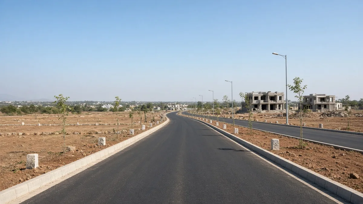 Newly laid road through an empty plotted layout with boundary stones
