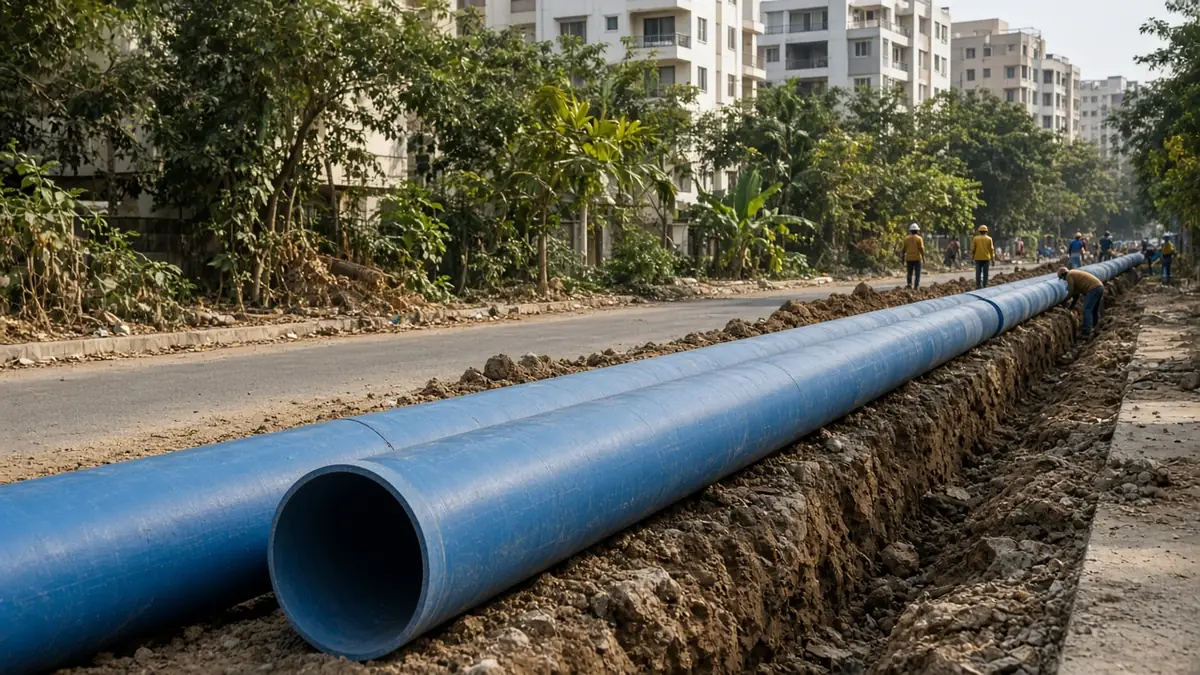 New blue water pipeline laid in a trench along a residential road