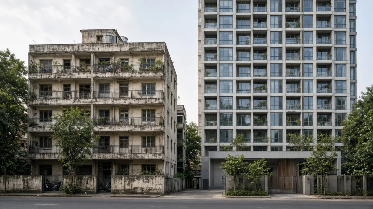 Old weathered apartment block next to a new high-rise tower