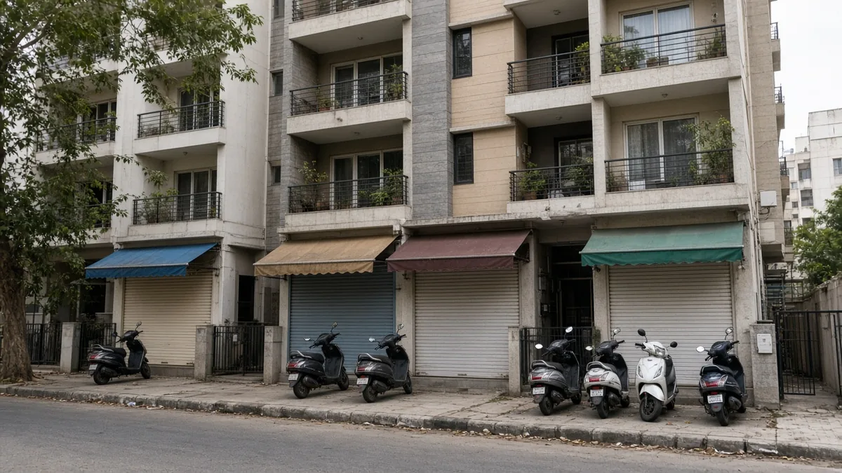 Mixed-use building with shop shutters below and flats above