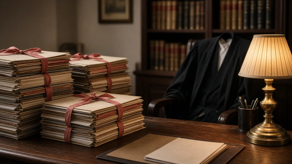 Lawyer's desk with tied case files and an advocate's black coat