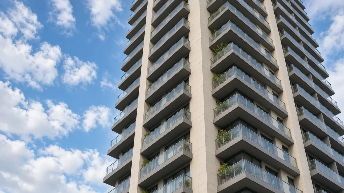 Looking up at stacked corner balconies on an apartment tower