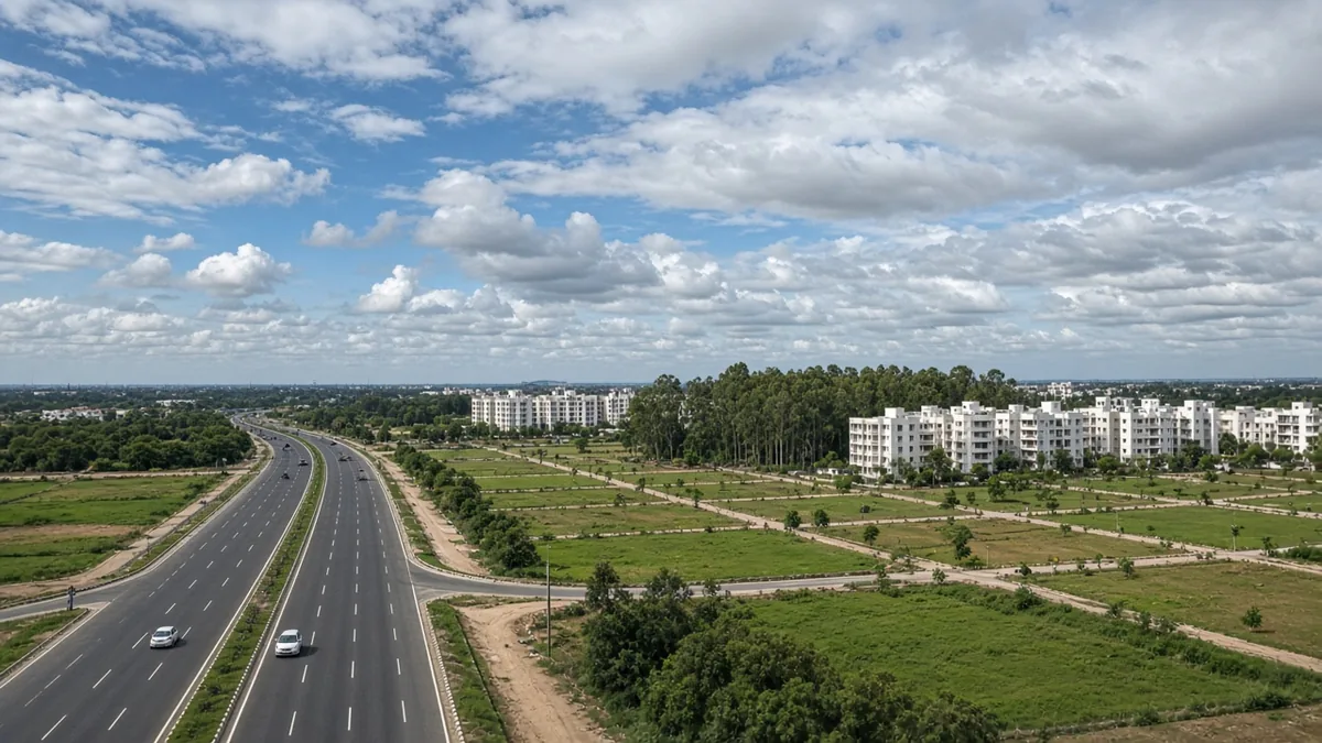 Highway from Yelahanka toward Devanahalli with green land and apartments
