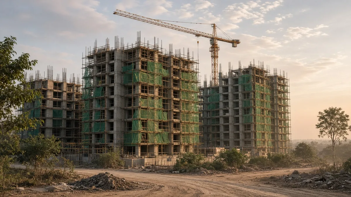 Partly built apartment blocks with a tower crane at dusk