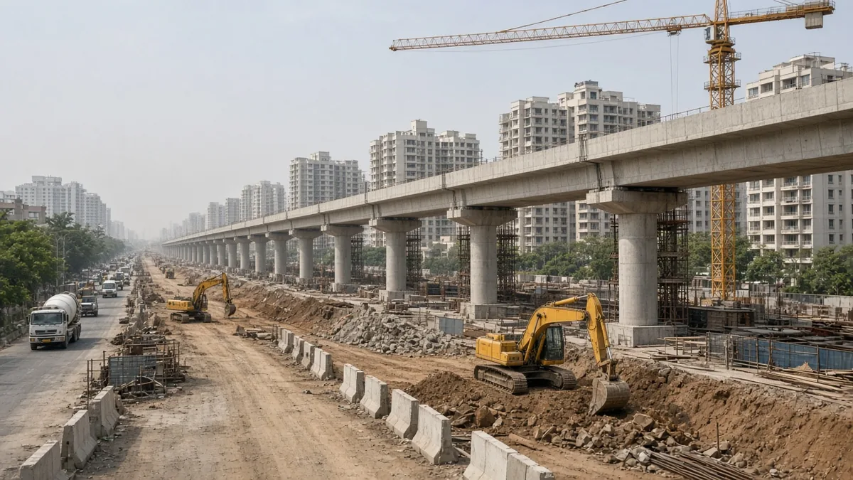 Metro viaduct and road works with an excavator in east Bengaluru