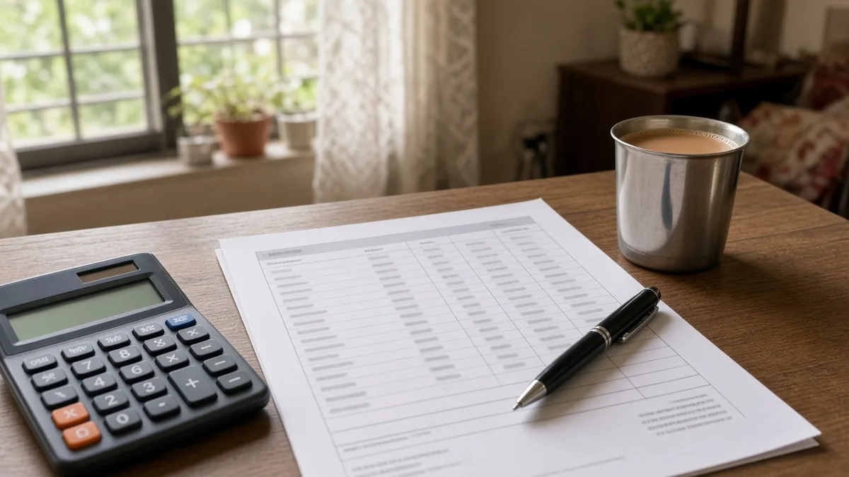 Home loan EMI papers and a calculator on a desk in a Bengaluru home