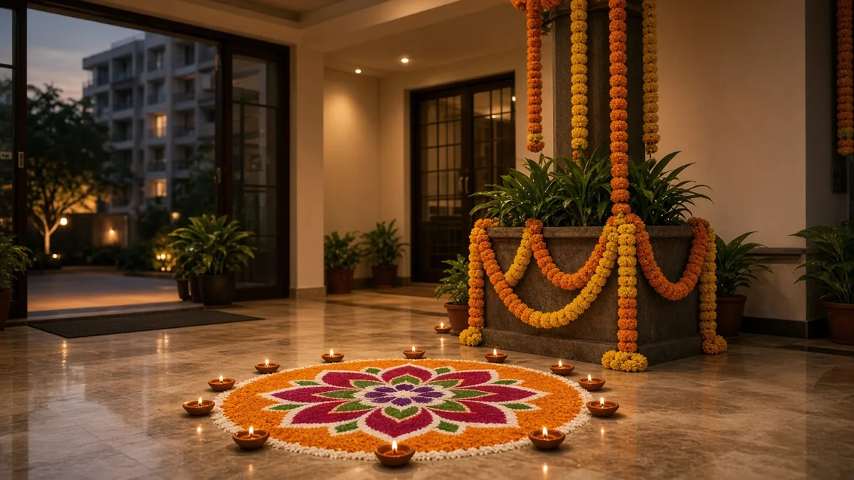 Apartment lobby decorated with marigolds, rangoli and lit diyas