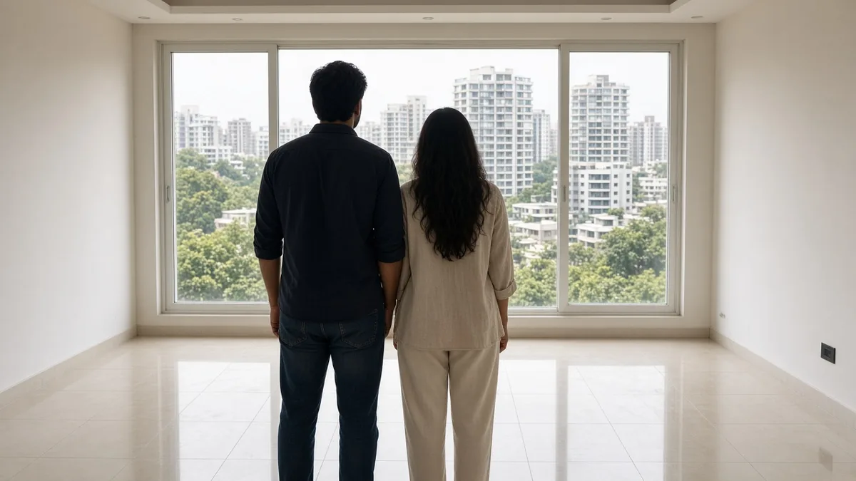 Couple looking out from an empty new flat at apartment towers