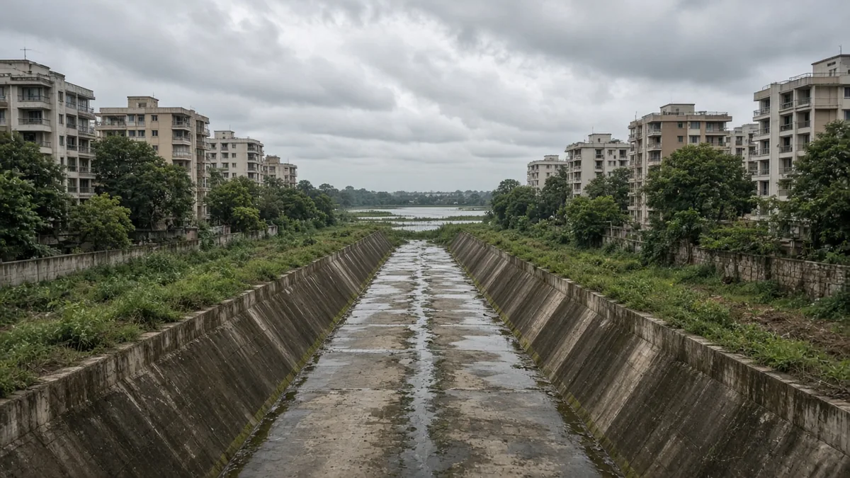 Concrete storm water drain running between apartment buildings