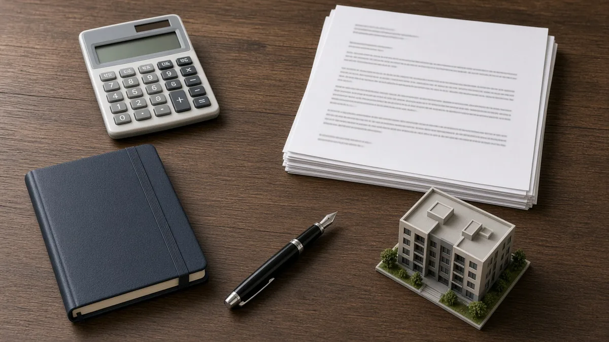 Calculator, notebook, pen, papers and a small apartment model on a table