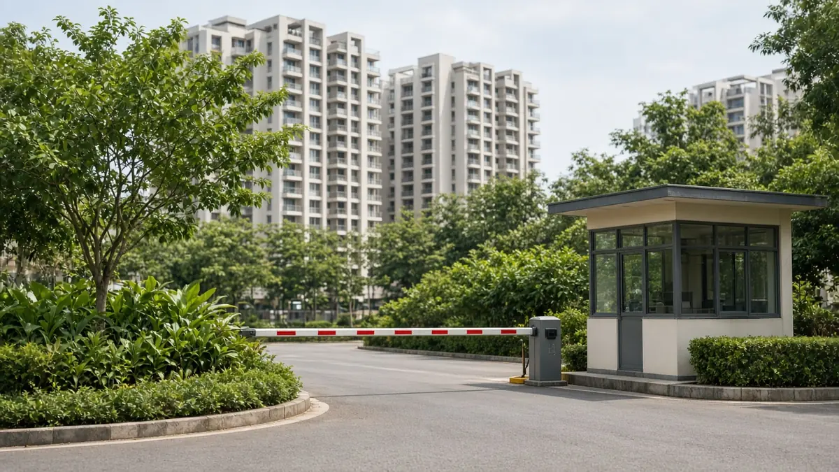 Gated community entrance with a boom barrier and security cabin
