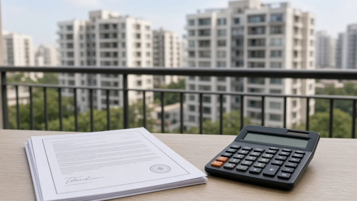 Sale papers and a calculator on a balcony table facing apartment towers