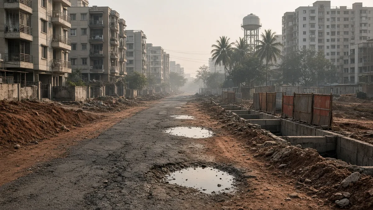 Unfinished road with puddles and dust between apartment blocks in Gunjur and Varthur