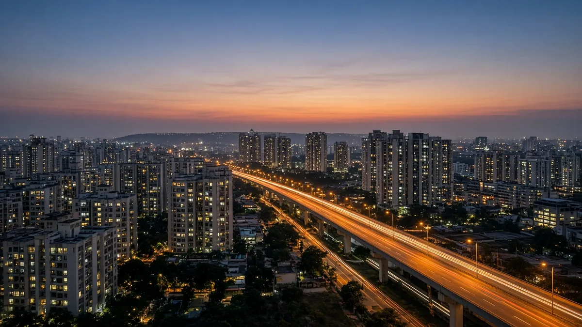 Hebbal and Thanisandra skyline at dusk with an elevated road lit by traffic