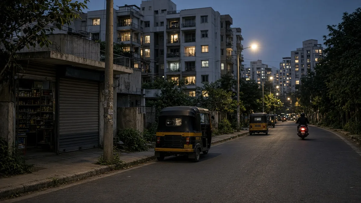 Hennur and Thanisandra street at night with an auto-rickshaw and apartments