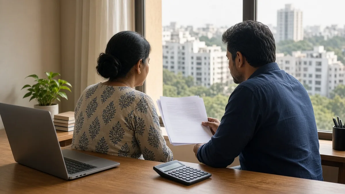 Couple reviewing home loan papers at a desk with a calculator