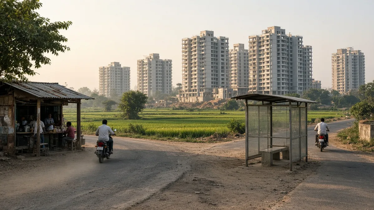 Hoskote edge with a bus shelter, farmland and apartment towers