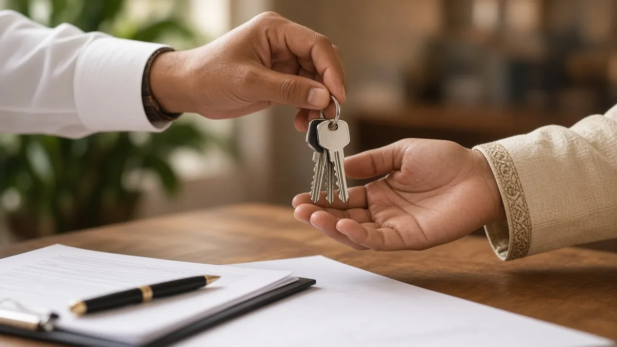 House keys handed over across a desk with signed papers