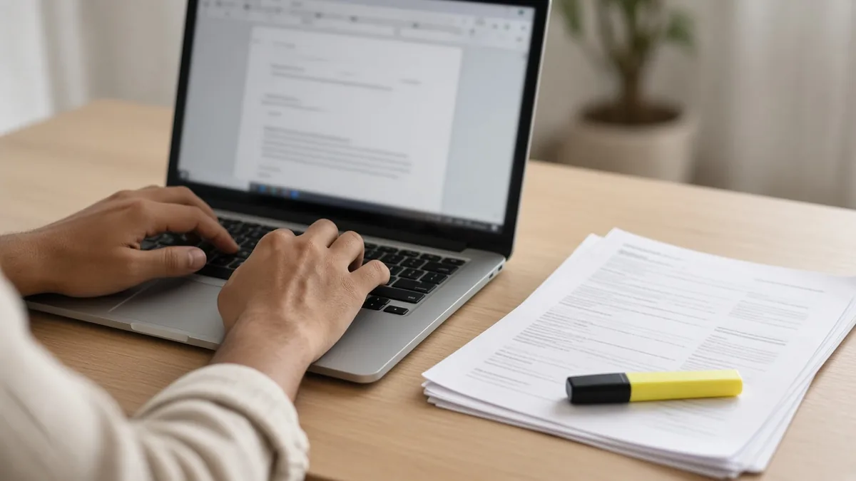 Hands typing on a laptop beside printed documents and a highlighter
