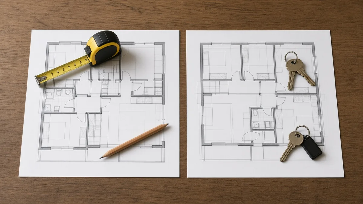 Two apartment floor plans side by side with a measuring tape and keys